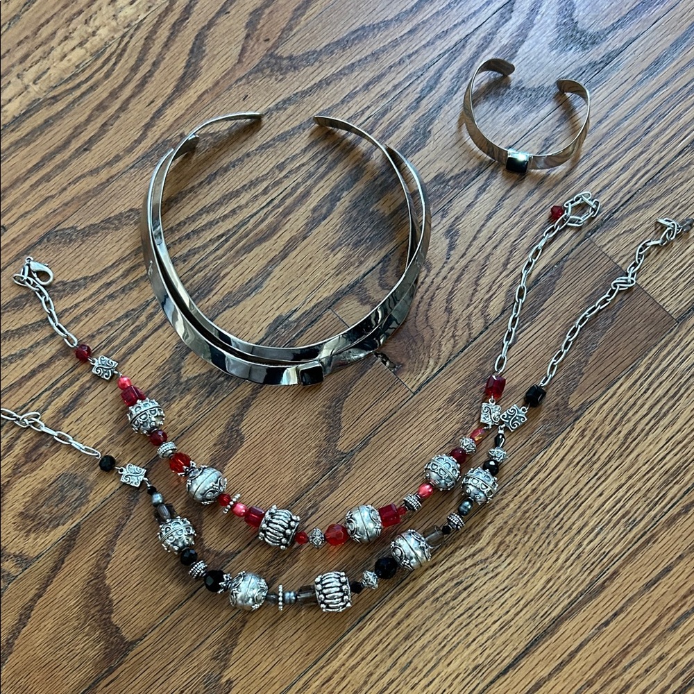 Silver and Red Beaded Jewelry Set